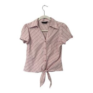Dorothy Perkins Short Sleeve Tie Front Snap Button Plaid Blouse - Size Medium